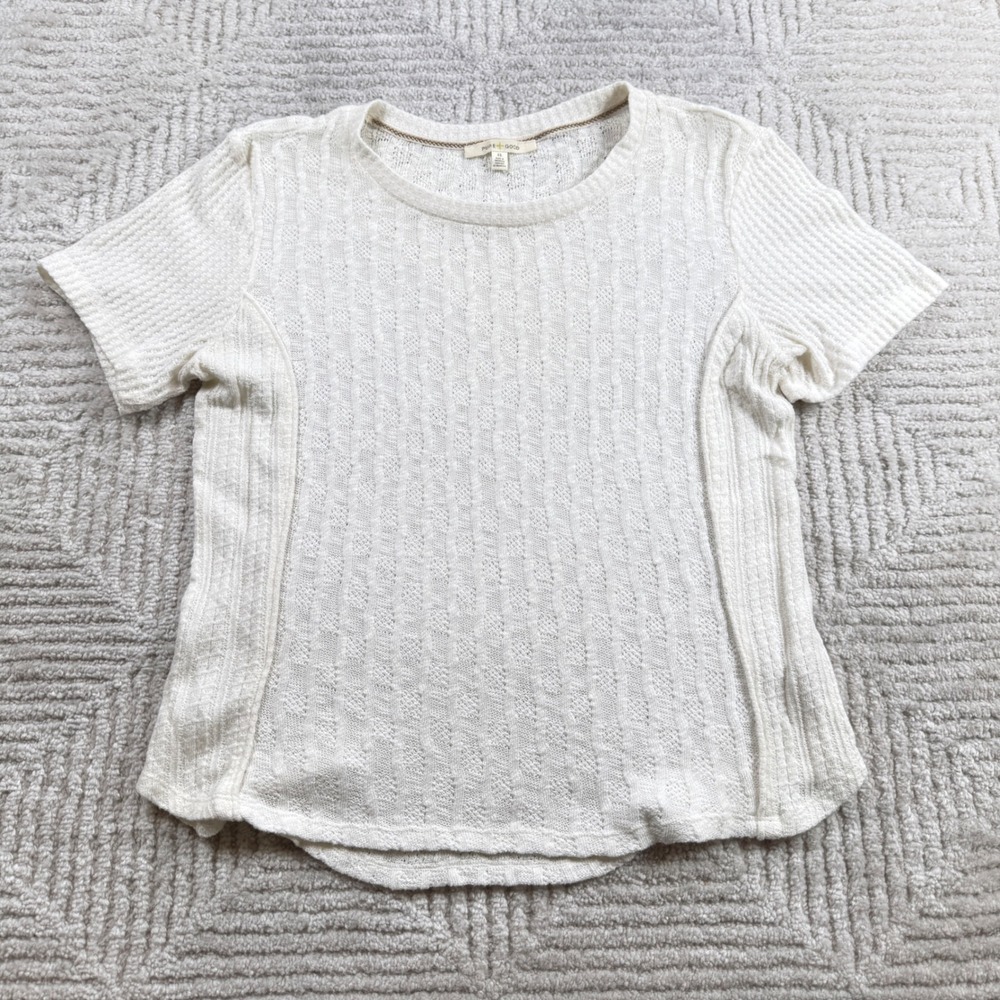 Pure + Good Anthropologie Knit Top Women XS White Pointelle Cable Resort Coastal